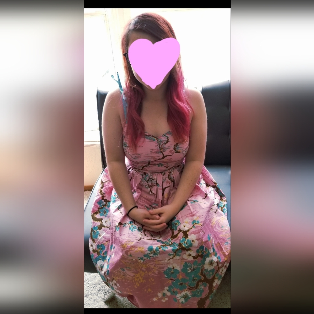 Hell Bunny Pink Dress with Blue Cherry Blossom Designs
